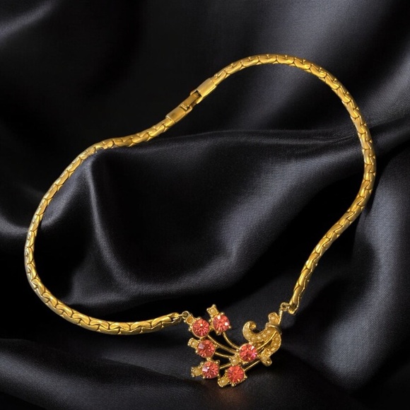 Vintage Gold and Pink Rhinestone 16" Necklace - Picture 2 of 3